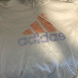 White Adidas hoodie with pastel purple and orange logo. Super cute!
